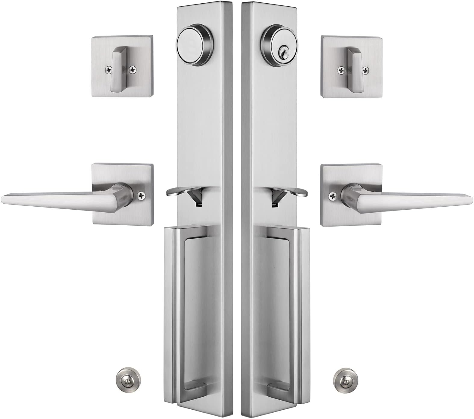 TMC Double Door Handlset for Front Door Brushed Nickel Finish (Keyed Entry Handle and Dummy Hanlset Set),MDHST2016SN-DOUBLE-1