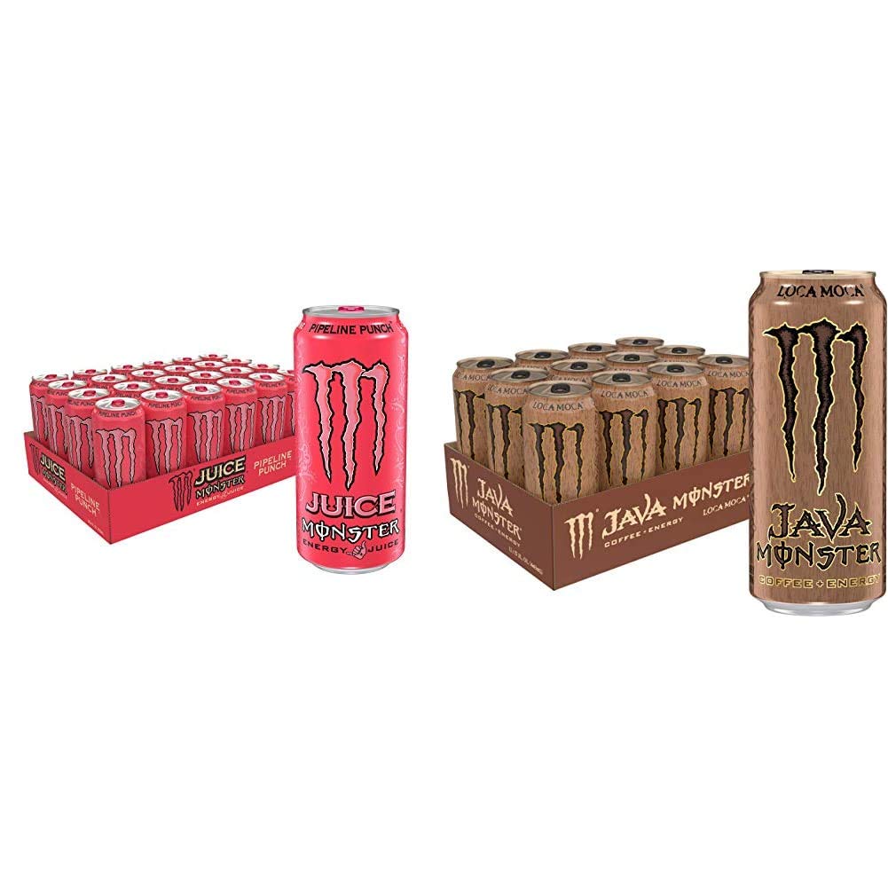 Monster Energy Juice, Pipeline Punch, 16 Ounce (Pack of 24) & Java Monster Loca Moca, Coffee + Energy Drink, 15 Ounce (Pack of 12)
