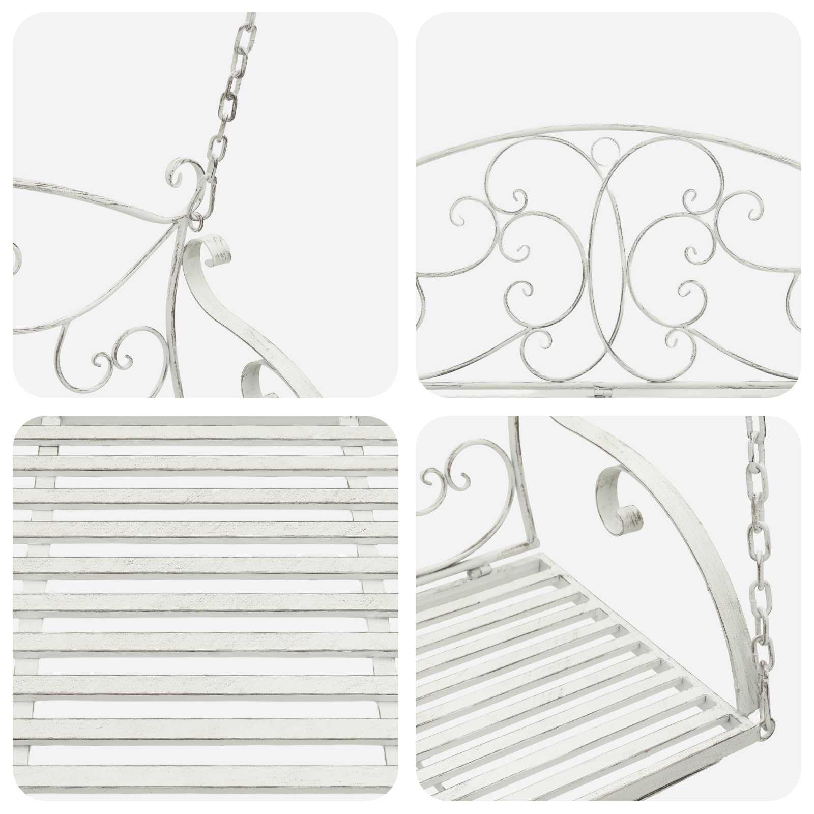 Banco balancín de acero resistente, 110 x 52,5 x 47 cm, color blanco envejecido, para jardín, terraza, balcón, porche, asiento resistente a la intemperie, con cómodo acolchado y fácil montaje