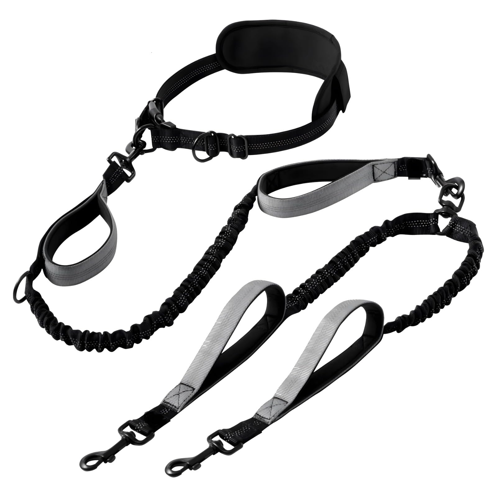 Correa para perros manos libres, cinturón elástico de doble cara, cinturón ajustable de 135 cm, correa doble de 115 cm para 2 perros, reflectante, amortiguador de golpes, para correr y pasear