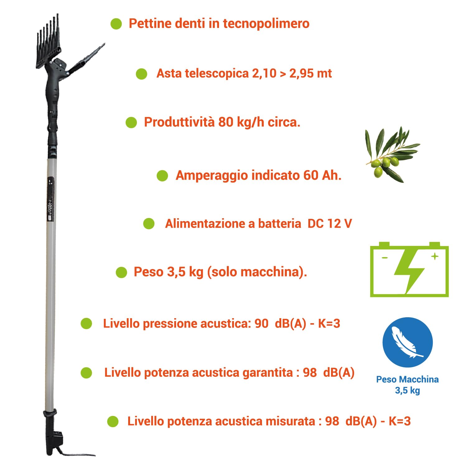 Crisalide Vareador eléctrico para aceitunas de 140 W con barra telescópica de aluminio de 210 – 295 cm, cable de 15 m, motor de 12 V, recogida de 80 kg/h, recoge aceitunas profesional, peines de