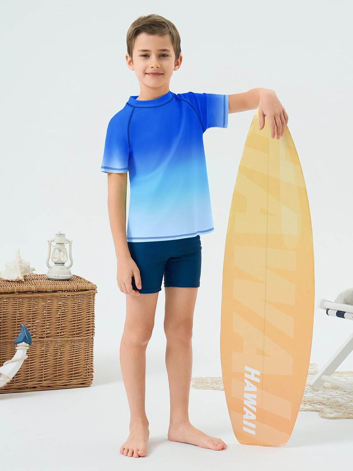 Haloumoning Boys Gradient Rash Guard Swim Shirt Short Sleeve UPF+ 50 Sun Shirts for Kids Rashguard Water Shirts - Image 2
