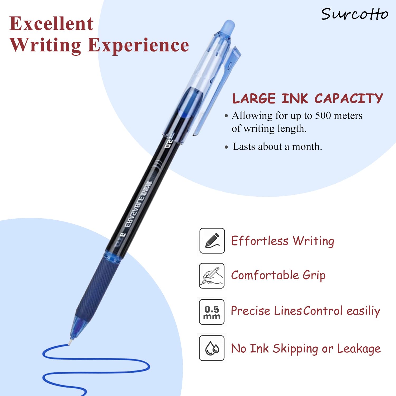 Surcotto 12pcs Erasable Pens Blue, Friction Pens with Rubber, Rub Out Pens with Eraser - Image 3