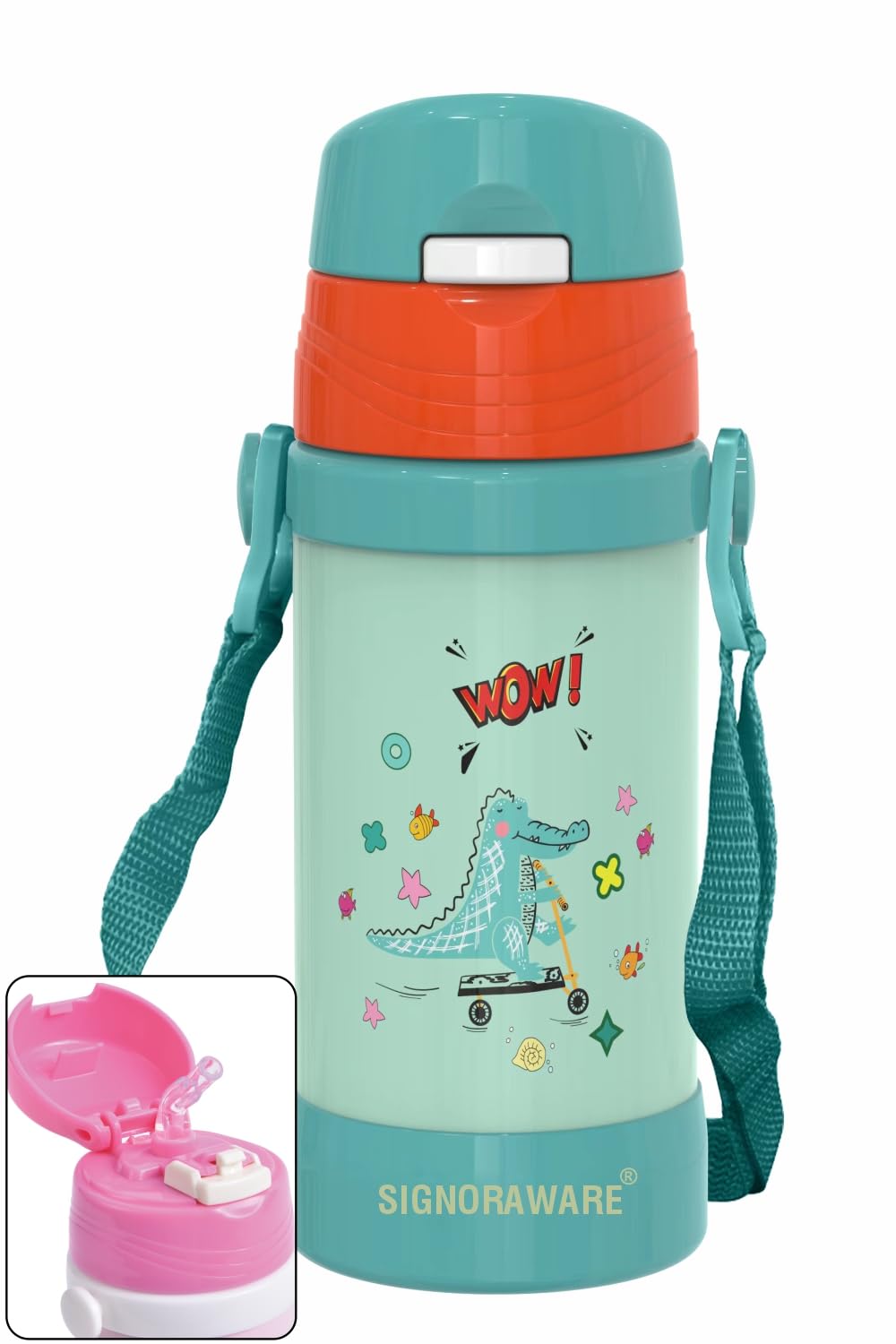 Signora Ware Drizzle Stainless Steel Water Bottle Kids, Bpa Free,Insulated Double Wall Vacuum,Anti-Skid Silicone Base, Adjustable Strap Hot & Cold Bottle Children, 500 Ml,Set of 1,Green Orange (B0CB5VJ7ZX) Amazon Price History, Amazon Price Tracker