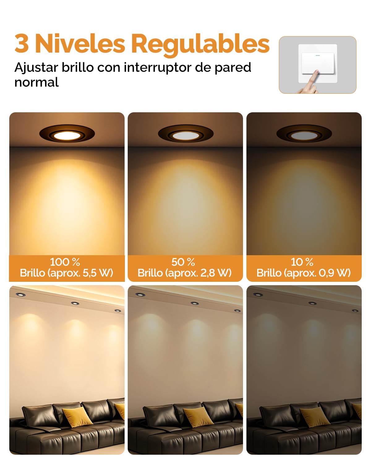 wowatt 5.5W Foco Empotrable LED Techo Negro Regulable 2700K, Pack de 12 | Blanco Calido 600LM 230V Ojos de Buey LED para Techo Rotable Metal, IP44 Downlight Foco Extraplano para Baño, Corte 68-75mm