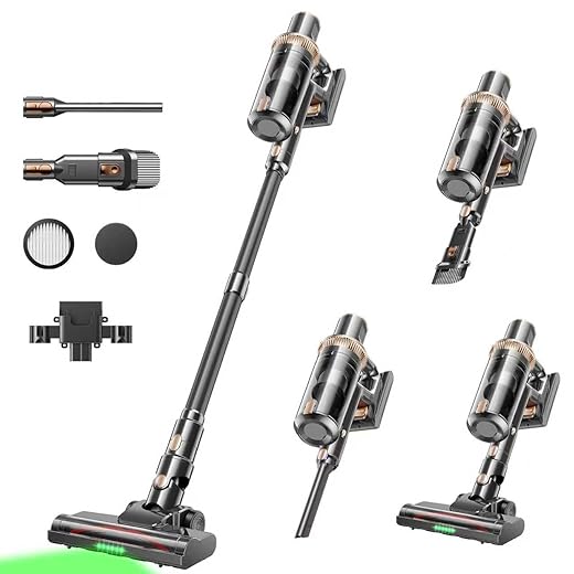 Cordless Vacuum Cleaner, 450W 48KPA Suction Power, 50 Minutes Runtime, Rechargeable Stick Vacuum for Carpet, Tile, Pet Hair, Hardwood Floors, Gray Gold