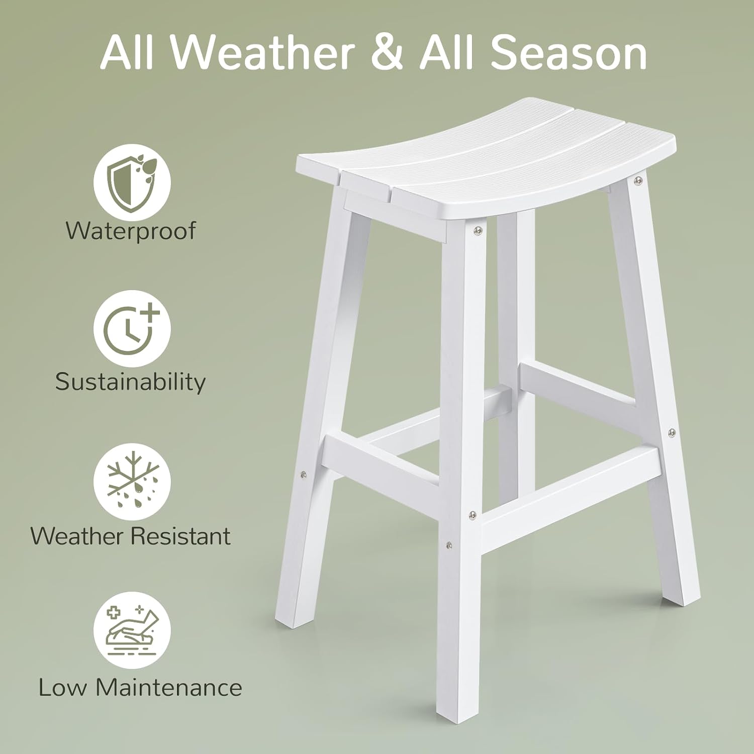Outdoor Bar Stools Set of 2, Waterproof Barstools, Easy to Clean and Care, for Bar, Kitchen Counter, Deck, and Patio, White