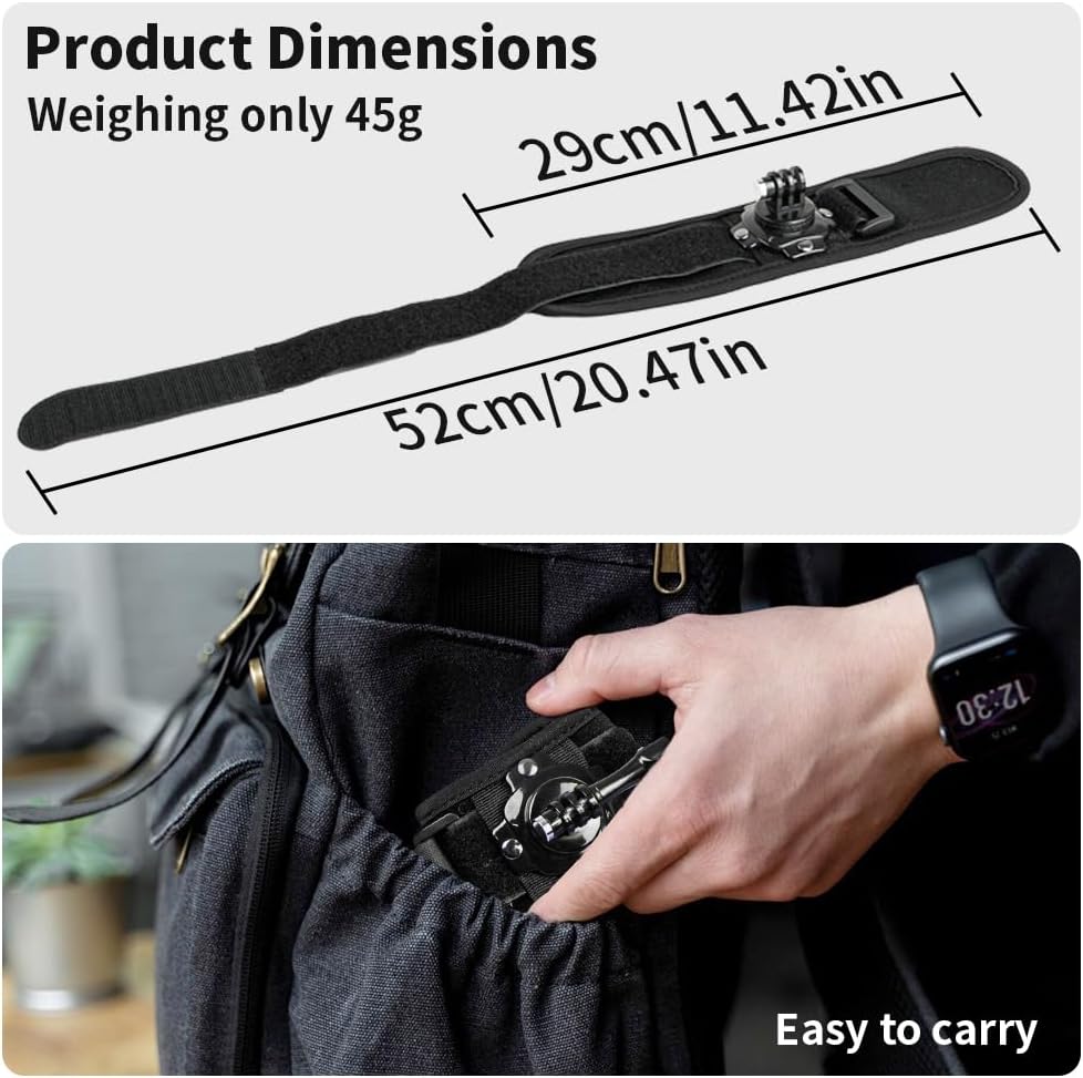 Wrist Strap Mount, 360° Rotating Arm Mount Strap Compatible with GoPro Hero 13/12/11/10/9/8/7//6/5 Black,DJI Action 6/5 pro/4/3,Insta 360 ONE R,AKASO/Campark and More Action Cameras