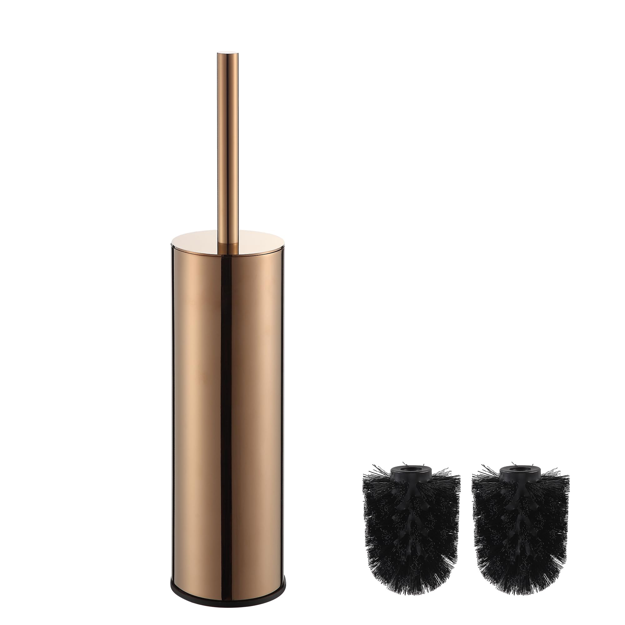 BGL 304 Stainless Steel Toilet Brush and Holder Set, Freestanding Long Handle Toilet Bowl Cleaner with 2 ABS Brush Heads, Rose Gold Round Stand Bathroom Accessories