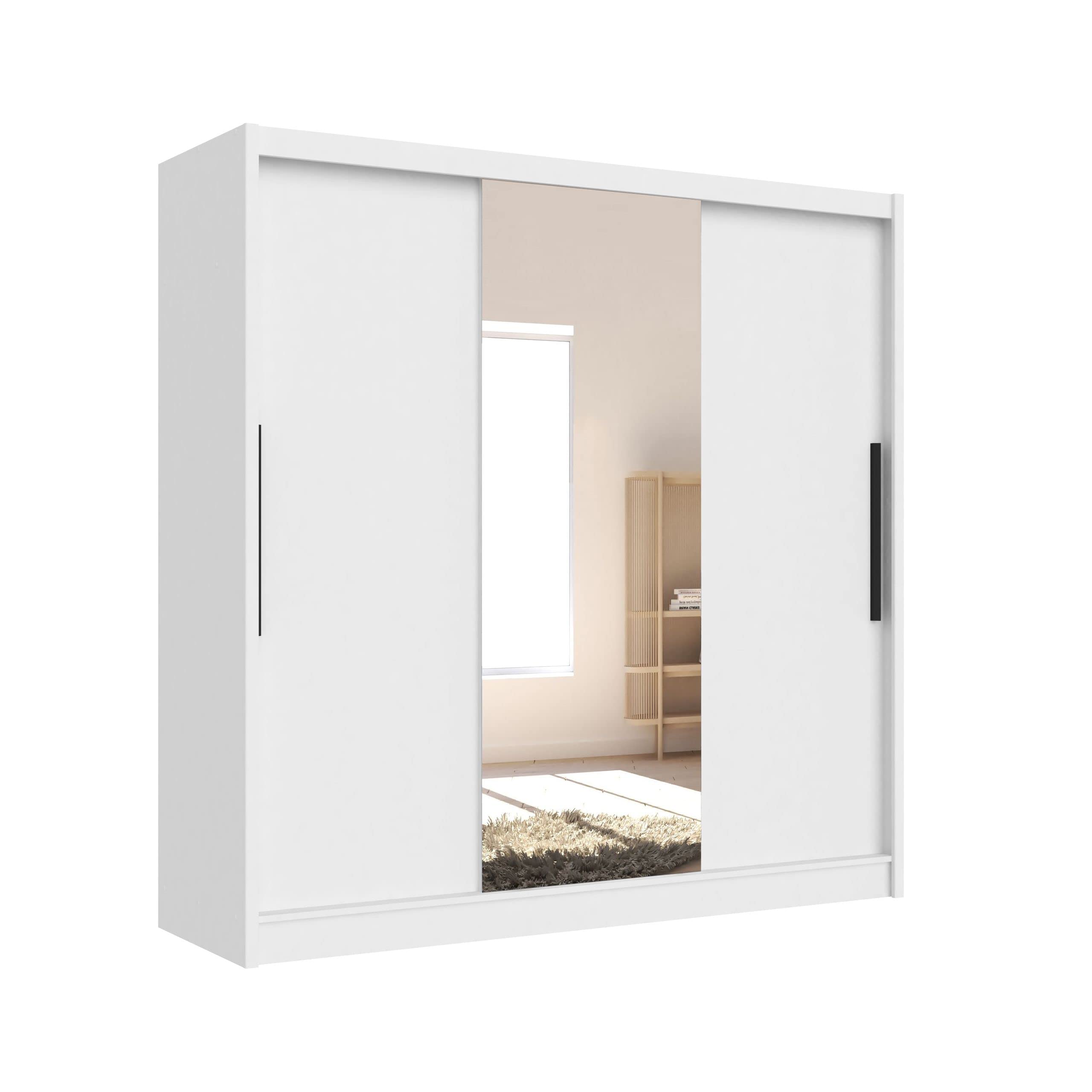 Armoire Coulissante 3 Portes Avec Miroirs - 6 étagères, 204 X 205 Cm, Blanc, Panneau Stratifié Moderne Pour Salon/chambre