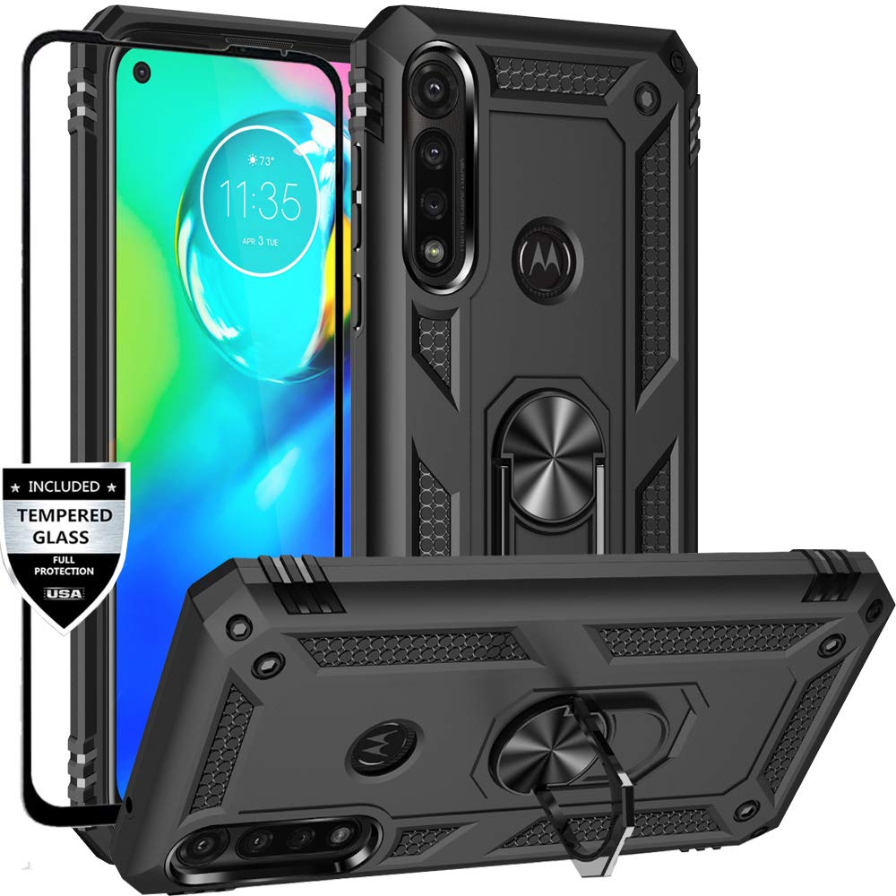 Dretal for Moto G Power Case with Tempered Glass Screen Protector, Military Grade Shockproof Protective Case Cover with Rotating Holder Kickstand for Motorola Moto G Power 2020 (JS-Black)