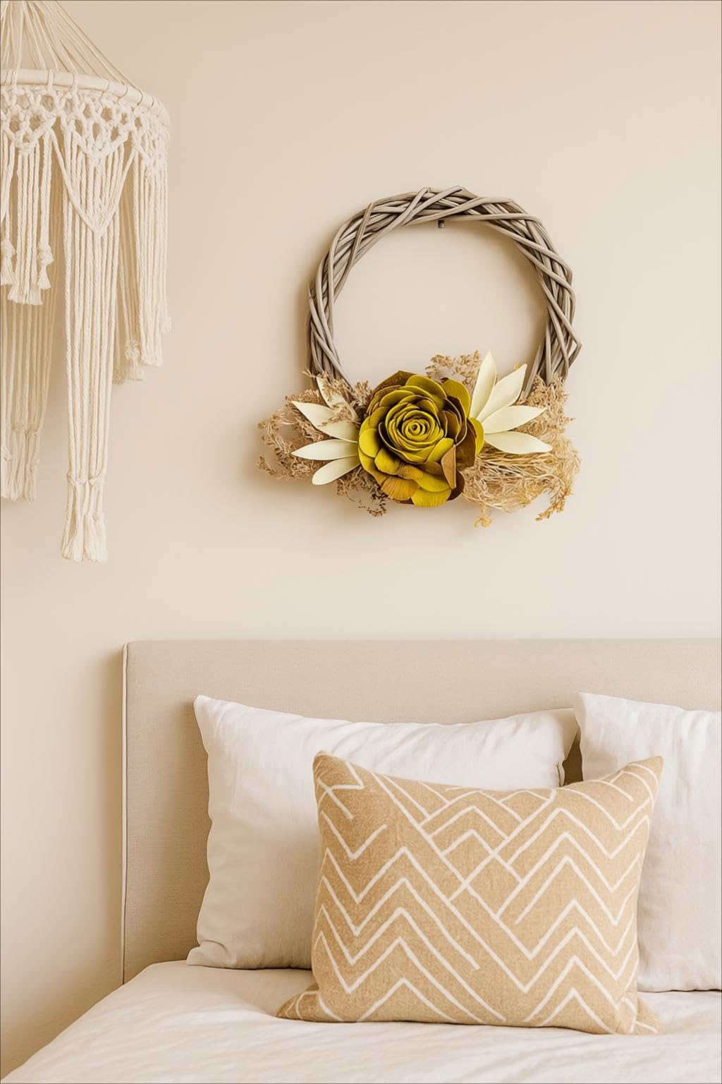 VIBES N SPACES 6.10 Inch Decorative Wicker Wreath | Natural Dried Flowers Wall & Door Hanging | Rustic Farmhouse Style Wreath for Festivals & Home Decor (Yellow)