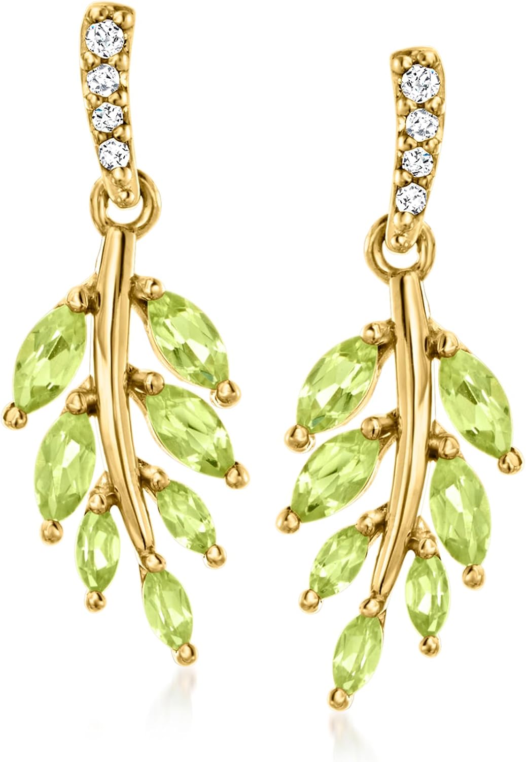 Ross-Simons 0.80 ct. t.w. Peridot Leaf Drop Earrings With Diamond Accents in 18kt Gold Over Sterling