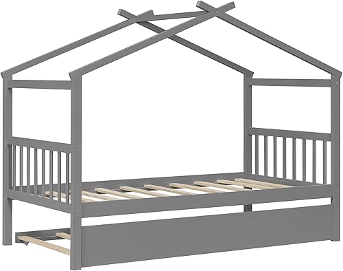 Miniatura 31 de Cama de casa completa con 2 cajones de almacenamiento, marco de cama matrimonial para niños con rieles y techo, cama de tienda, cama de día completo