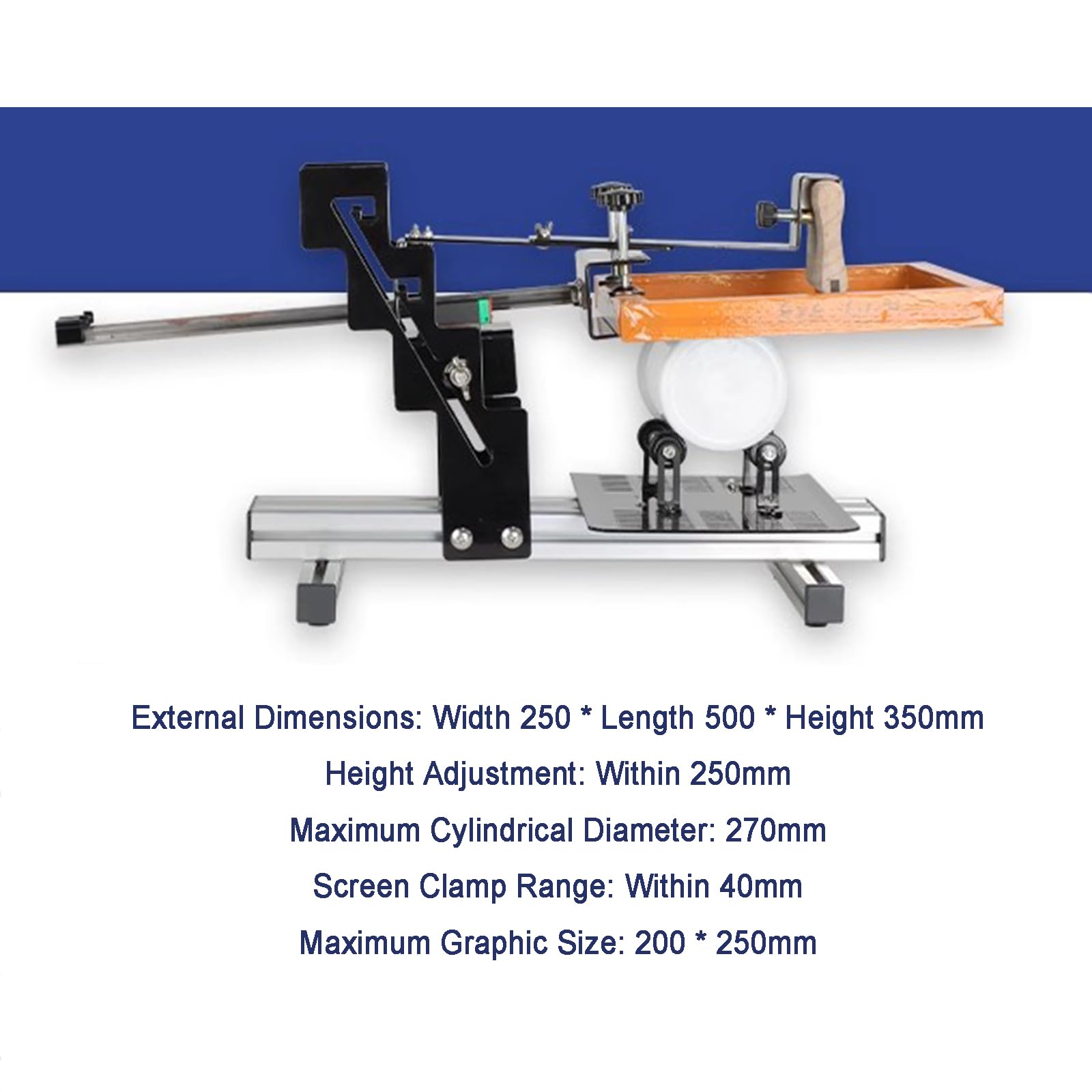 Ręczna zakrzywiona drukarka ekranowa, obszar drukowania 200x250mm, regulowana wysokość rolki do cylindrycznych butelek i filiżanek, Średnica do 270 mm, Stabilna konstrukcja ramy stalowej do kosmetyków