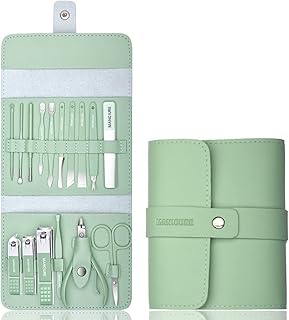 مجموعة العناية بالأظافر الاحترافية مكونة من 16 قطعة من أدوات العناية بالأظافر من الفولاذ المقاوم للصدأ مع حافظة جلدية فاخرة مناسبة للسفر وللأظافر السميكة (أخضر)