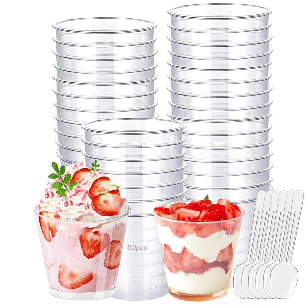 Lot De 50 Tasses à Dessert En Plastique Transparent 60ml Avec Cuillères - Réutilisables, Pour Mousse, Tiramisu, Fêtes