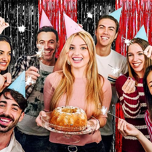 Image of 6 Pack Black Red Foil Fringe Curtain Backdrop, 3.28Ft x 8.2Ft Metallic Tinsel Foil Fringe Streamer Curtains for Photo Booth, Christmas Day, Thanksgiving, Wedding, New Year Party Decorations