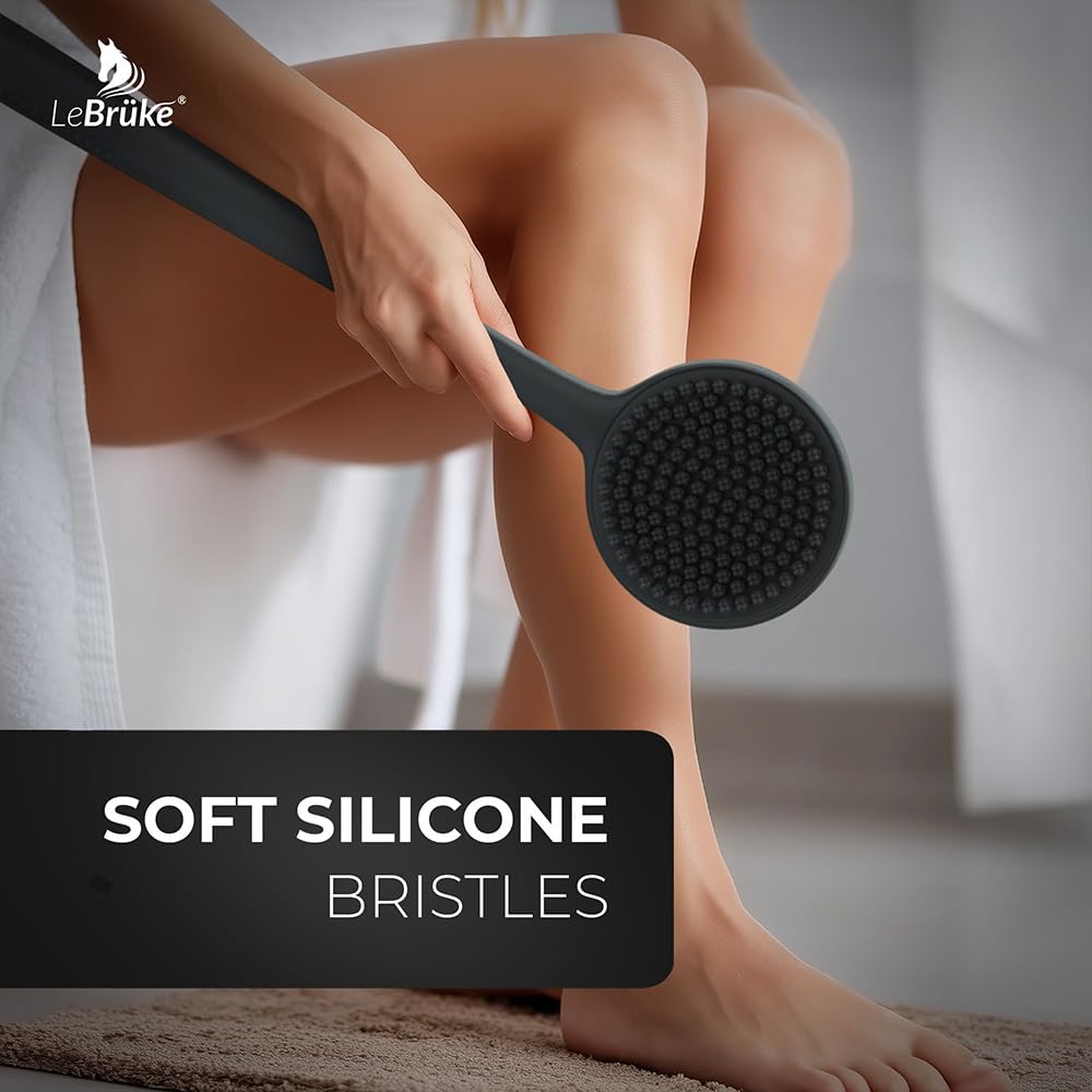 Lebrüke Back Brush Bath Brush - Silicone Back Scrubber for the Shower - Body Scrubber with Long Handle, Grey - Image 2