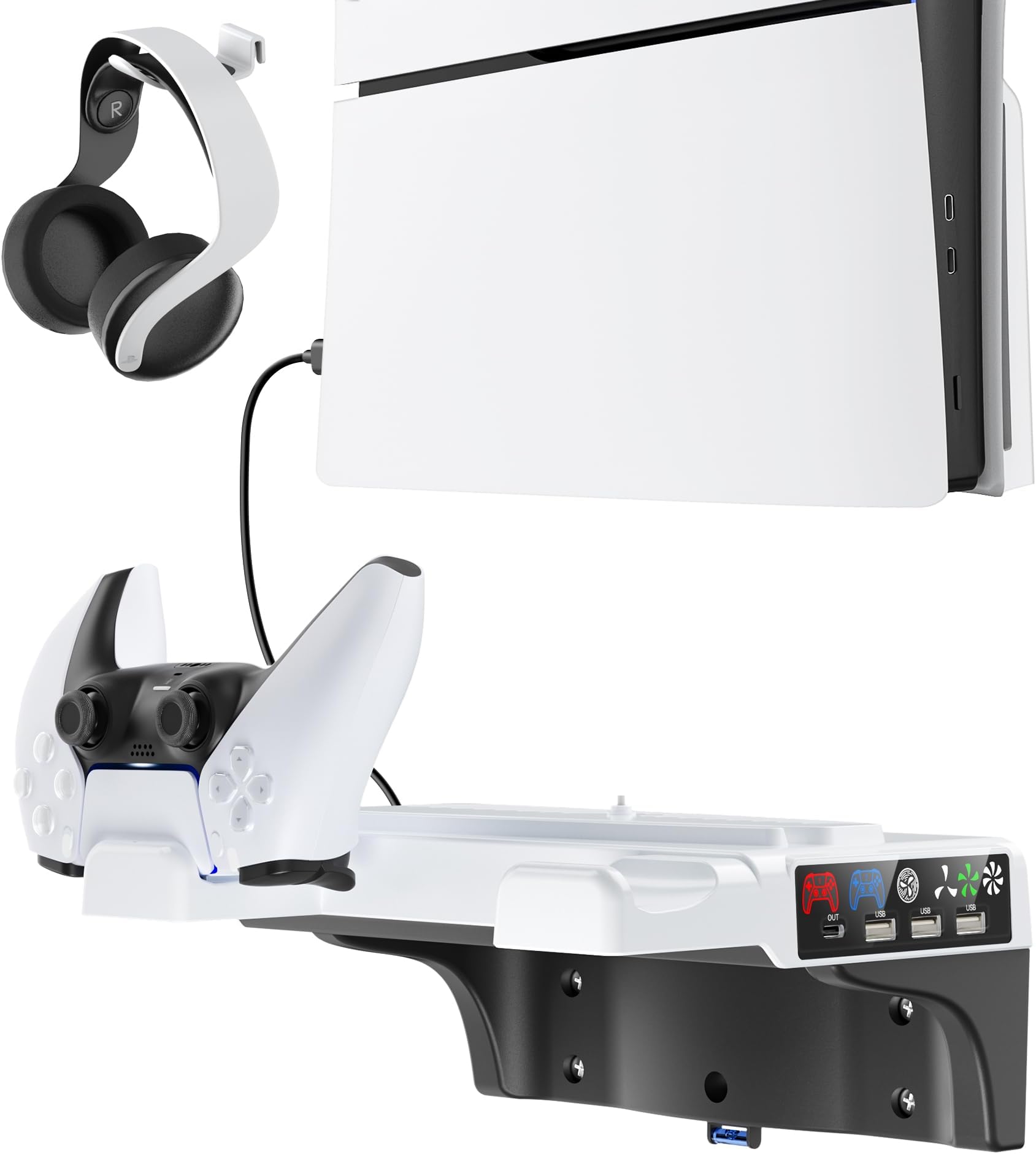 PS5/Slim/Pro Wall Mount Kit with Cooling Fan and Charging Station, Floating PS5 Shelf Bracket for All PlayStation 5/Slim/Pro Discs and Digital Console, Support