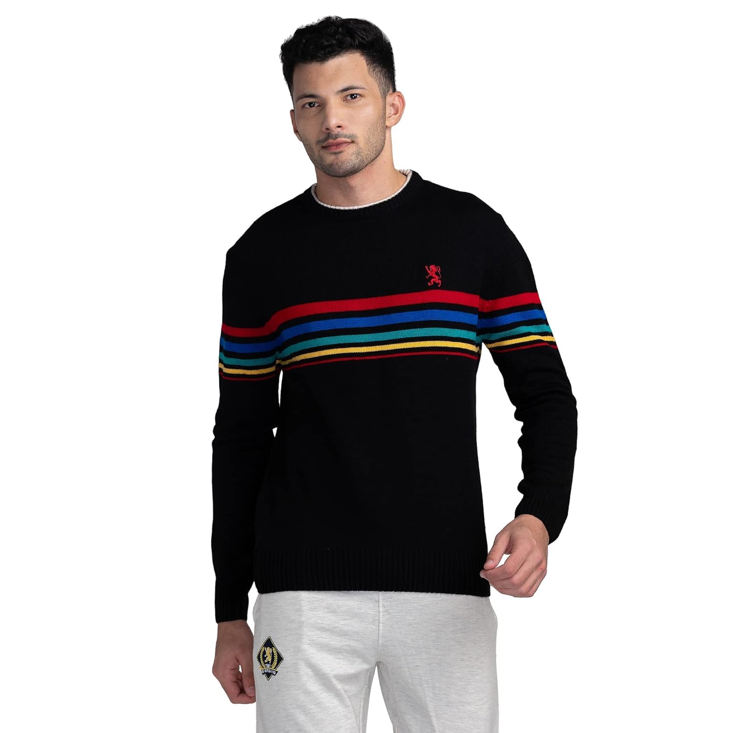 GiordanoMen's Striped Chest Brand Logo Round Neck Long Sleeves Acrylic Pullover Sweater