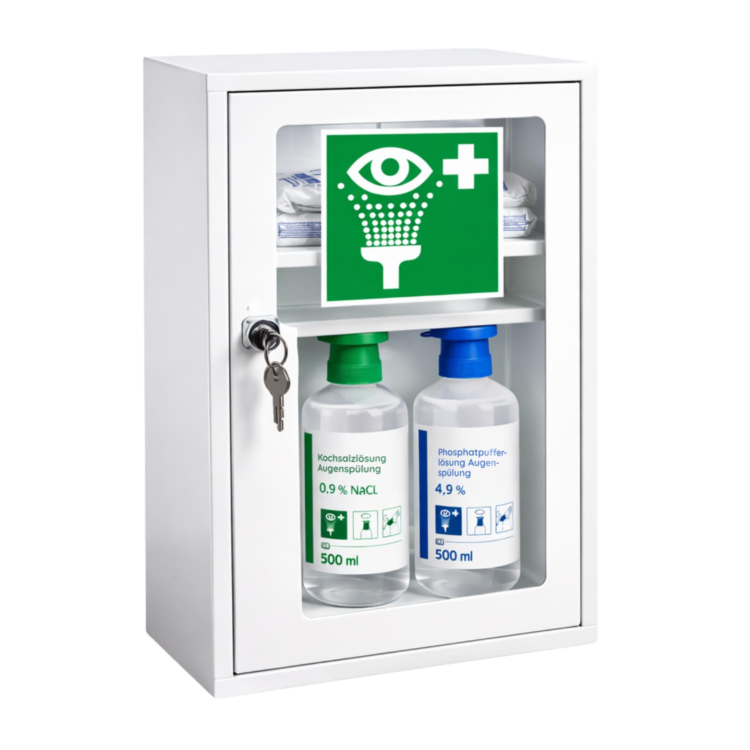 First Aid Products Erste Hilfe Augenspülschrank mit Sichtfenster, 2x Augendusche 500ml: Natriumchlorid- & Phosphatpuffer Lösung & Erste Hilfe Nachfüllset DIN 13157:2021, Metall & pulverbeschichtet