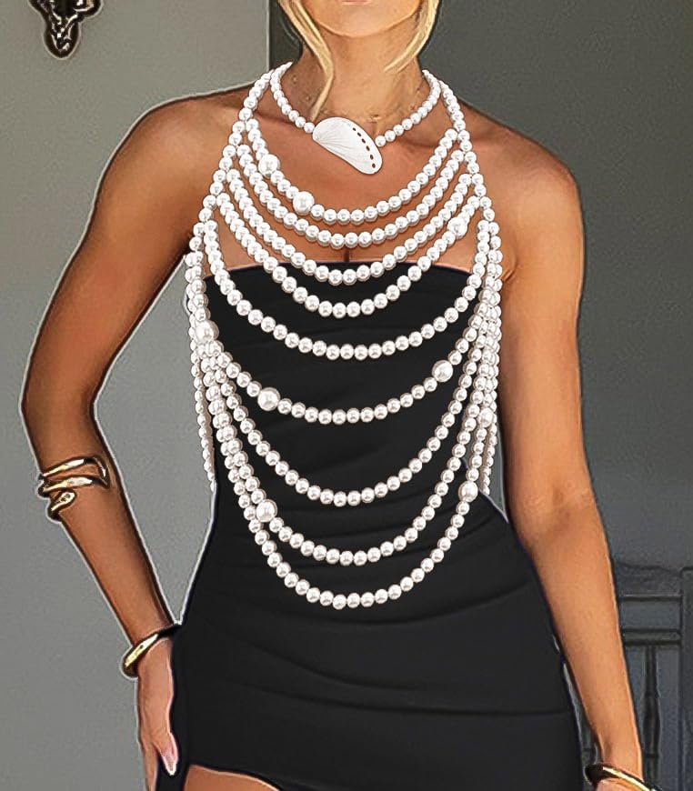 Uranian Pearl Body Chains Top Pearl Bra Chain Layered Shoulder Chain Necklaces Halter Chest Chains Beach Bikini Body Jewelry for Women - Image 6