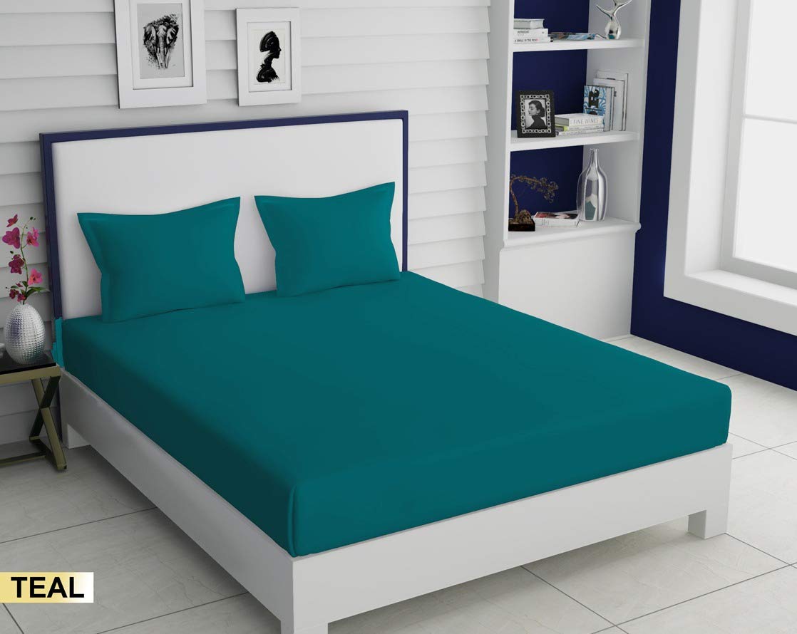 Trance Home Linen 100% Cotton 78x60 inch Queen Elastic Fitted Bedsheet | 400TC Premium Queen Double Bed Size Plain Fitted Elastic Bed Sheet with 2 Pillow Covers (78"x60" | 6.5x5ft, Teal)