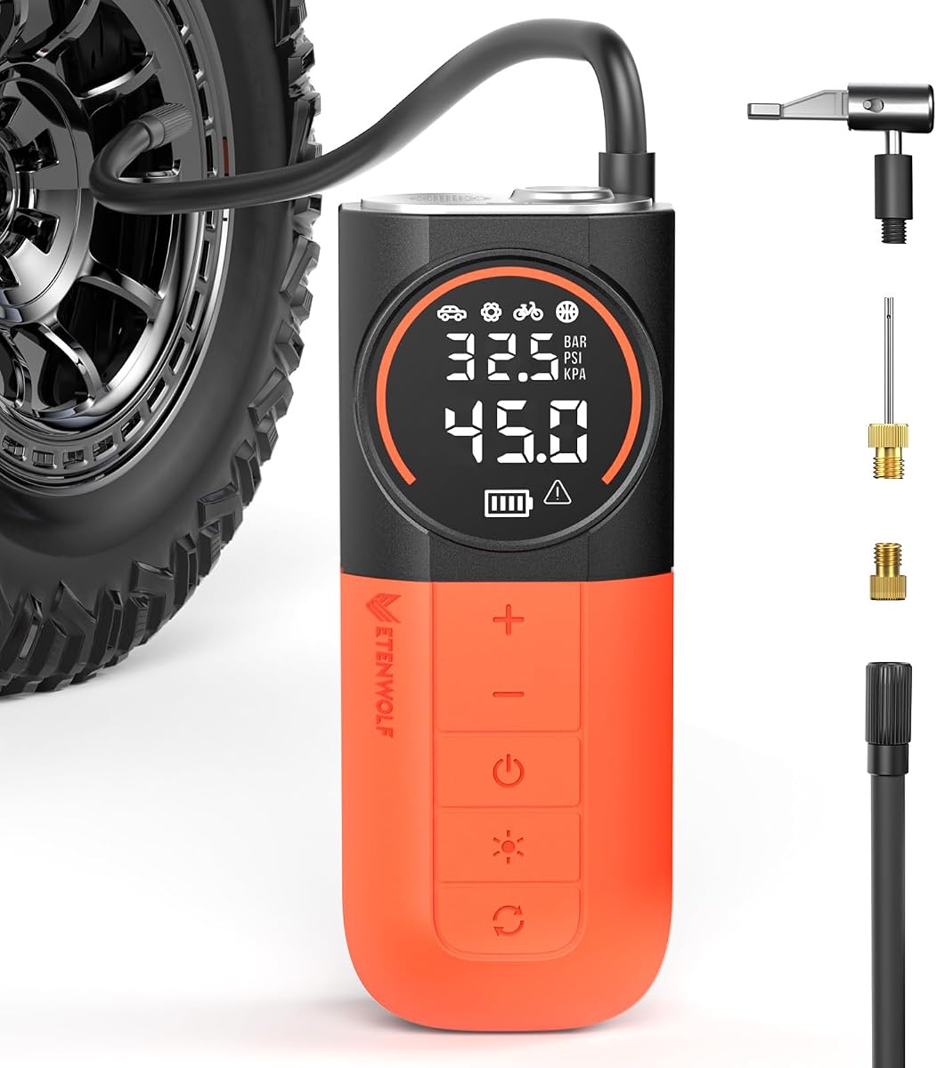 S1 Tire Inflator Portable Air Compressor, 160PSI Cordless Air Pump | Fast Inflation,Tire Pump for Car Tires,Motorcycle,Balls-Bike Pump with LED Light-Auto-Shut Off-Digital Pressure Gauge, Orange