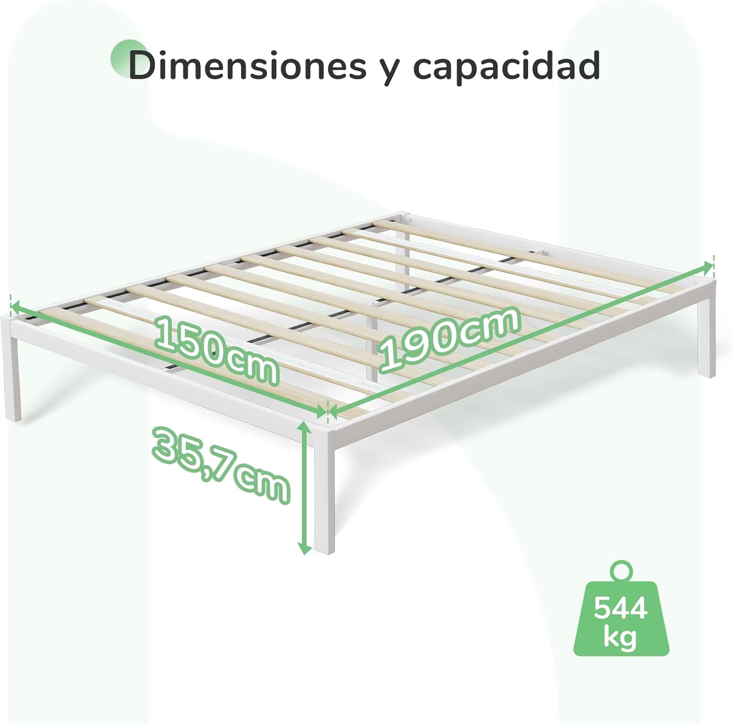 Diagram showing the dimensions (150cm width, 190cm length, 35.7cm height) and weight capacity (544 kg) of the Novilla bed frame.