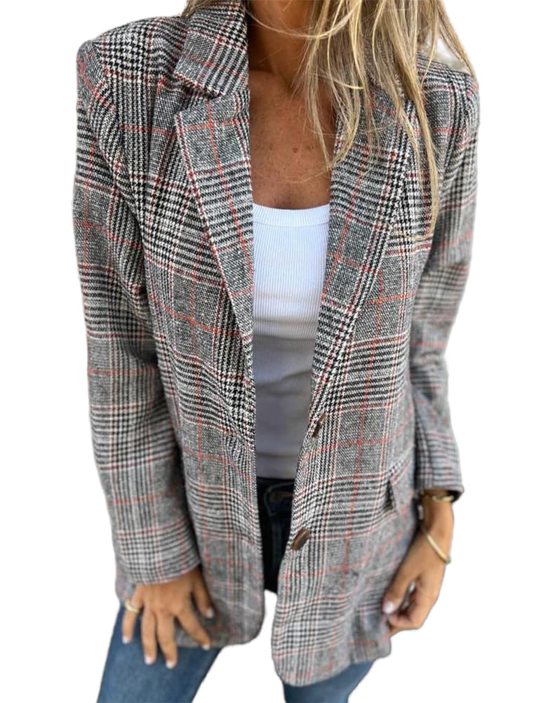 IDEALSANXUN Womens Tweed Blazer Casual Plaid Houndstooth Blazer Work Suit Jackets