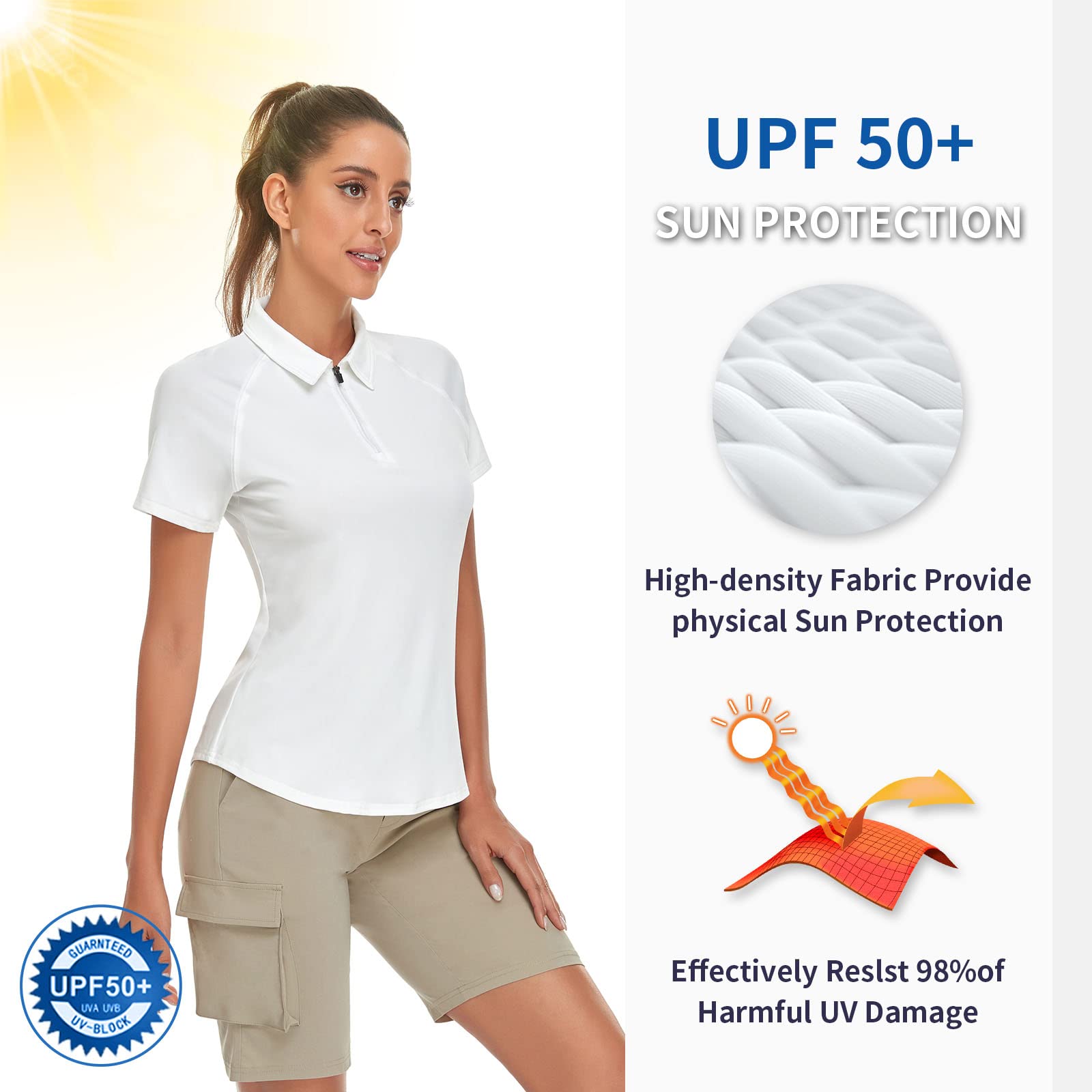 Soneven Polo Transpirable de Manga Corta para Mujer UPF 50+ Cremallera 1/4 Secado rápido