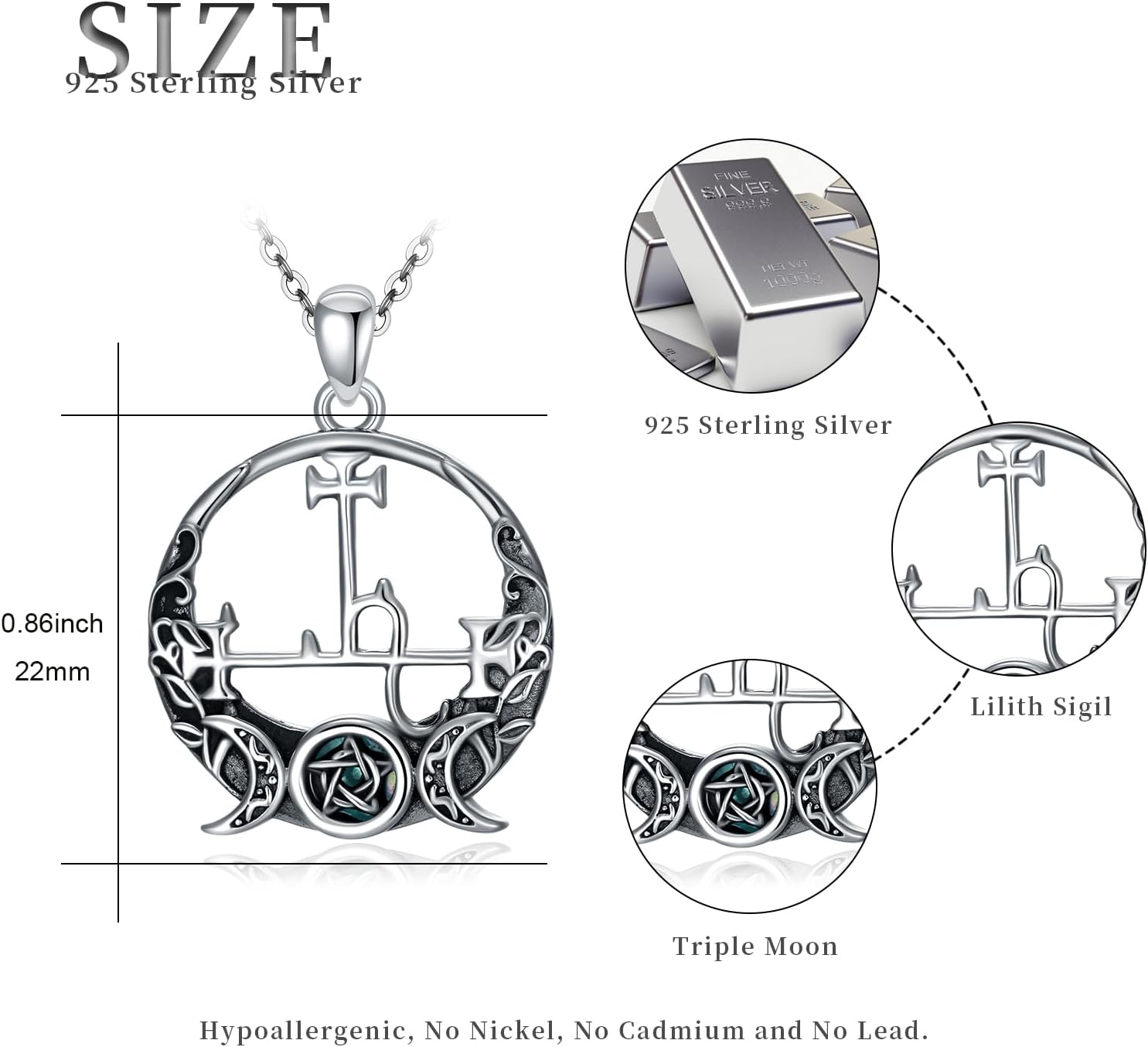 Witch Necklace 925 Sterling Silver Pentagram Triple Moon Pentacle Pendant Wiccan Pagan Jewelry Witchy Gifts for Women - Image 4
