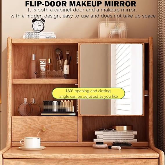 Solid Wood Bedroom Bay Window Dressing Table, Small Mini Dressing Table, Small Size Narrow Dressing Table Storage Cabinet Integrated, No Assembly Required