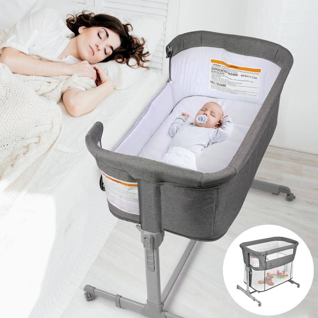 3 in 1 Baby Bedside Sleeper, & Playpen, Easy Folding Portable Crib (Grey