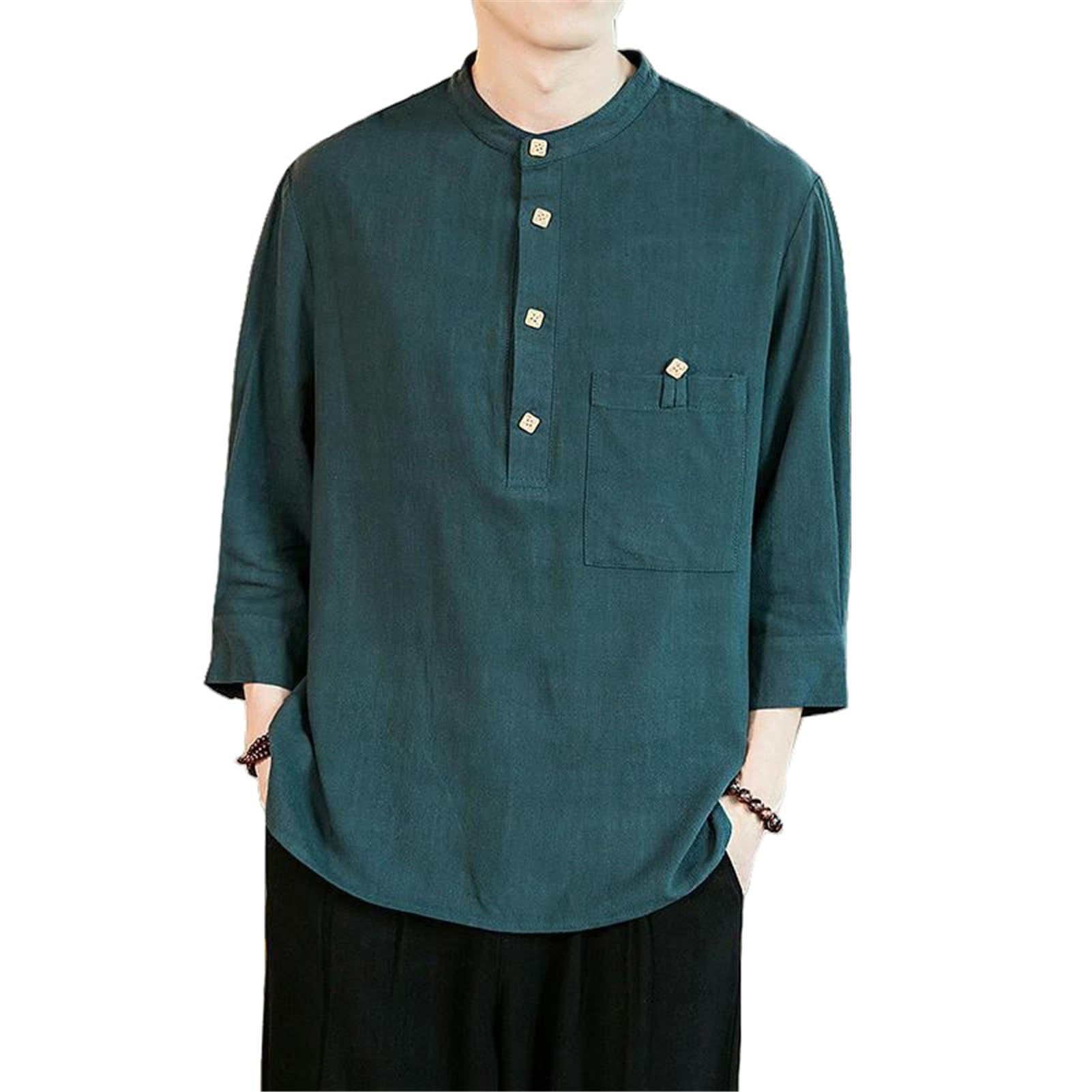 Col montant rétro en coton et lin de style chinois pour homme chemise lin été - 8