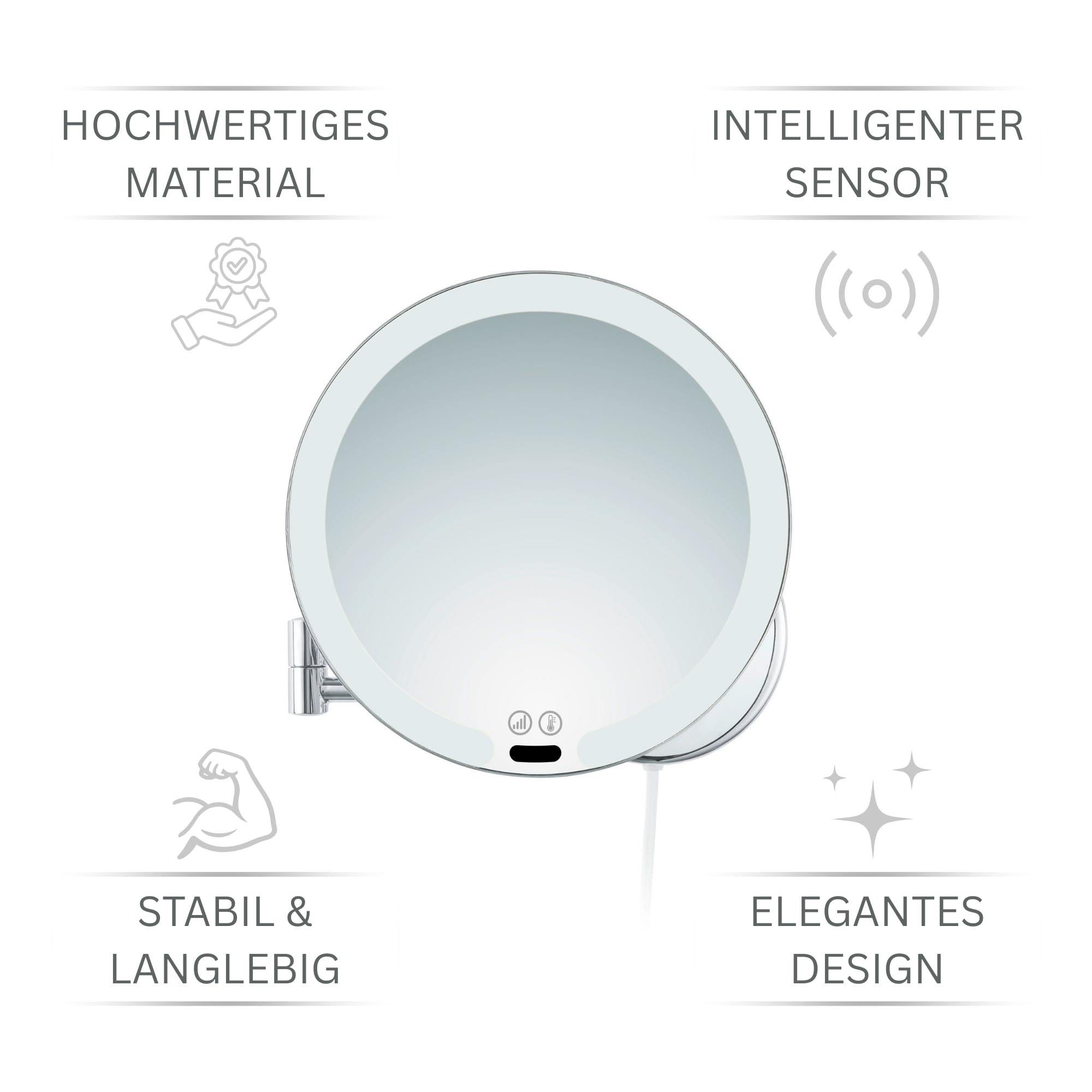 LED Kosmetikspiegel Vittoria – 7-facher Vergrößerungsspiegel mit Sensor & Dimmer – runder Schminkspiegel mit automatischer LED-Beleuchtung, ausziehbarem Gelenkarm & weißem Kabel, Wandmontage