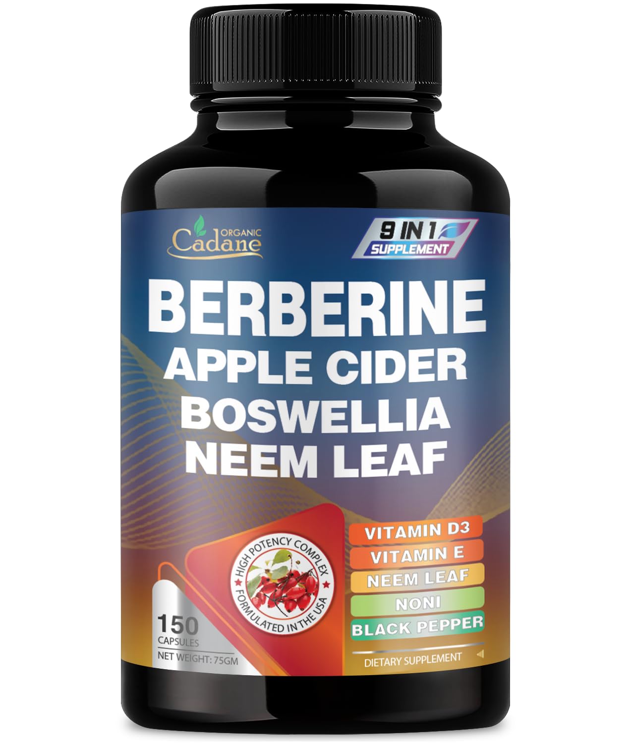 Organic Cadane Berberine Supplement 150 Capsules, with Neem Leaf, Apple Cider Vinegar, VIT D3, E & More - Berberine Extract - Support for Immune System, Digestion & Overall Health
