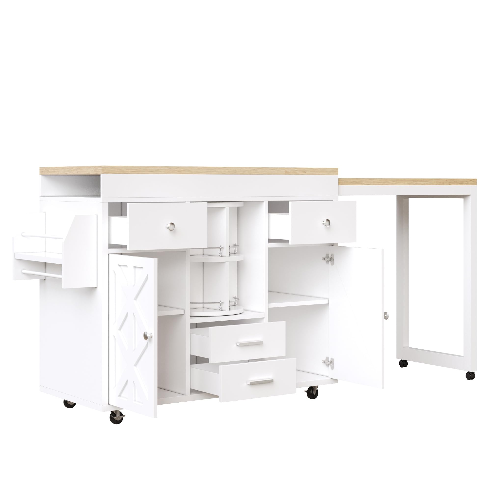 Mesa de bar extensible con organizador giratorio de 360°, estantes ajustables, ruedas y toallero, ideal para espacios pequeños, color blanco