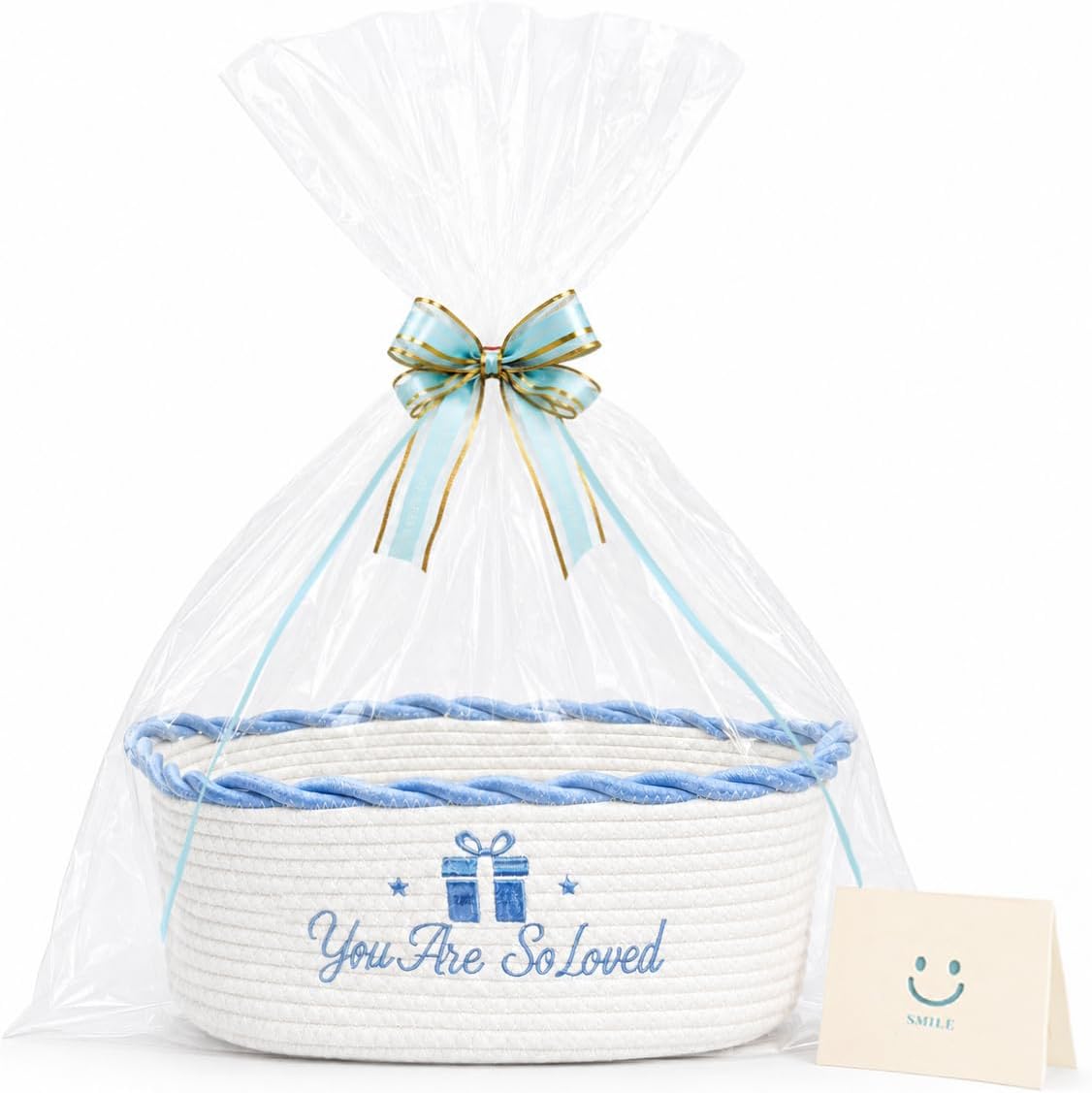 Gift Basket Empty with Bag Ribbon Card, Woven Cotton Rope Basket (Blue)