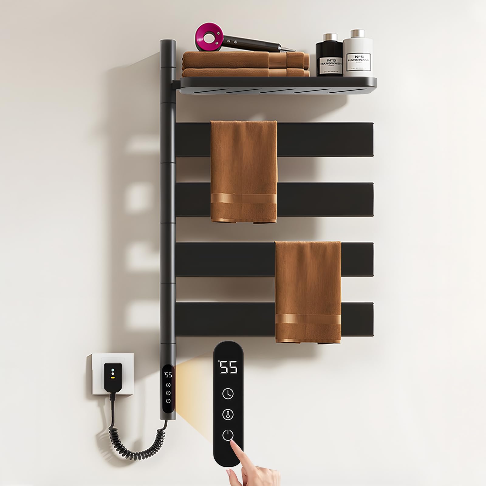 Elektryczny grzejnik na ręczniki, z regałem magazynowym, suszarka na ręczniki, obracana o 180°, elektryczny grzejnik łazienkowy, z timerem i termostatem, 30-70°C, czarny