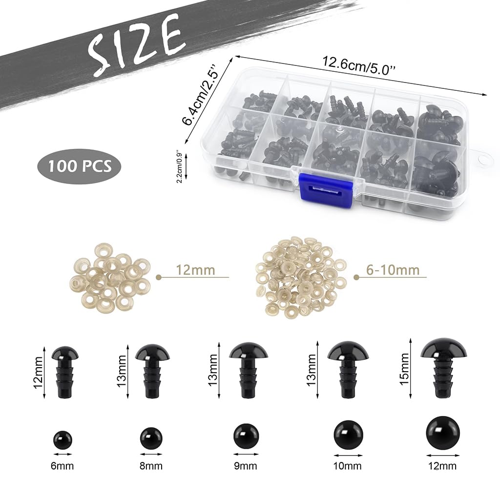 ZIBUYU® 100 PCS Black Safety Eyes for Crochet Toys 5 Sizes 6-12mm