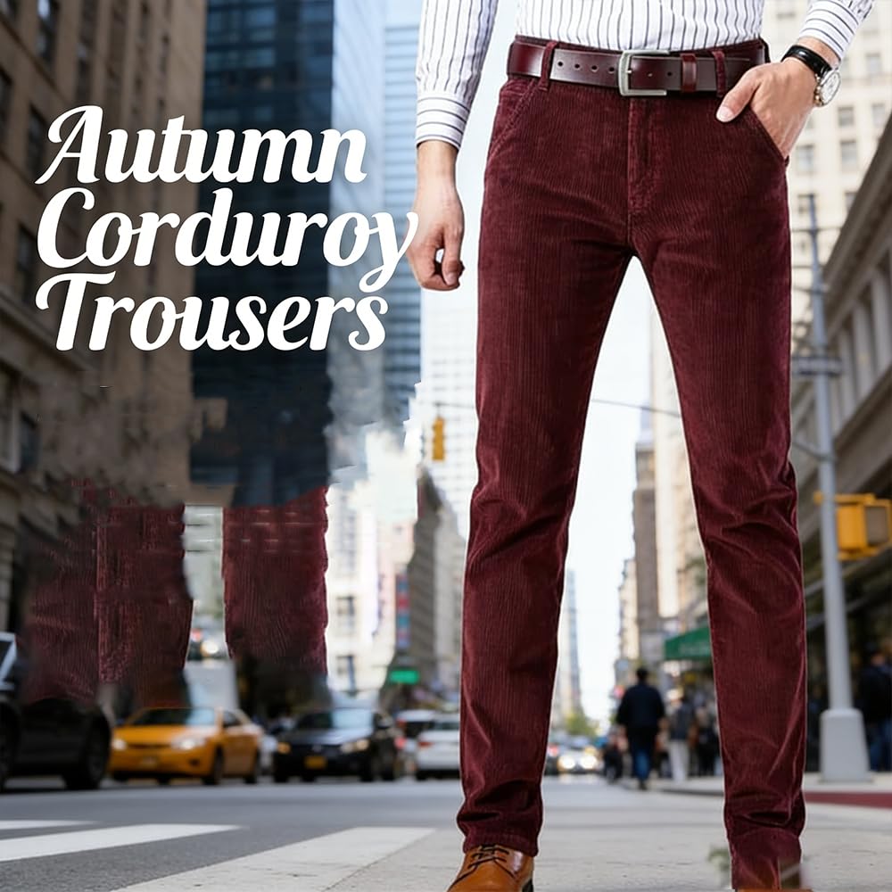 Pantalones de pana de pierna recta para hombre, pantalones de vestir ajustados de corte clásico, pantalones chinos elásticos cómodos casuales con bolsillos