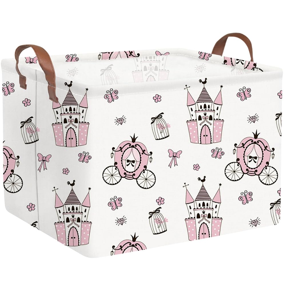 Rectangular castle Storage Basket,Kids Dirty Clothes Hamper,Waterproof canvas storage basket,Books Box,Girls Room decor(Pink Princess)