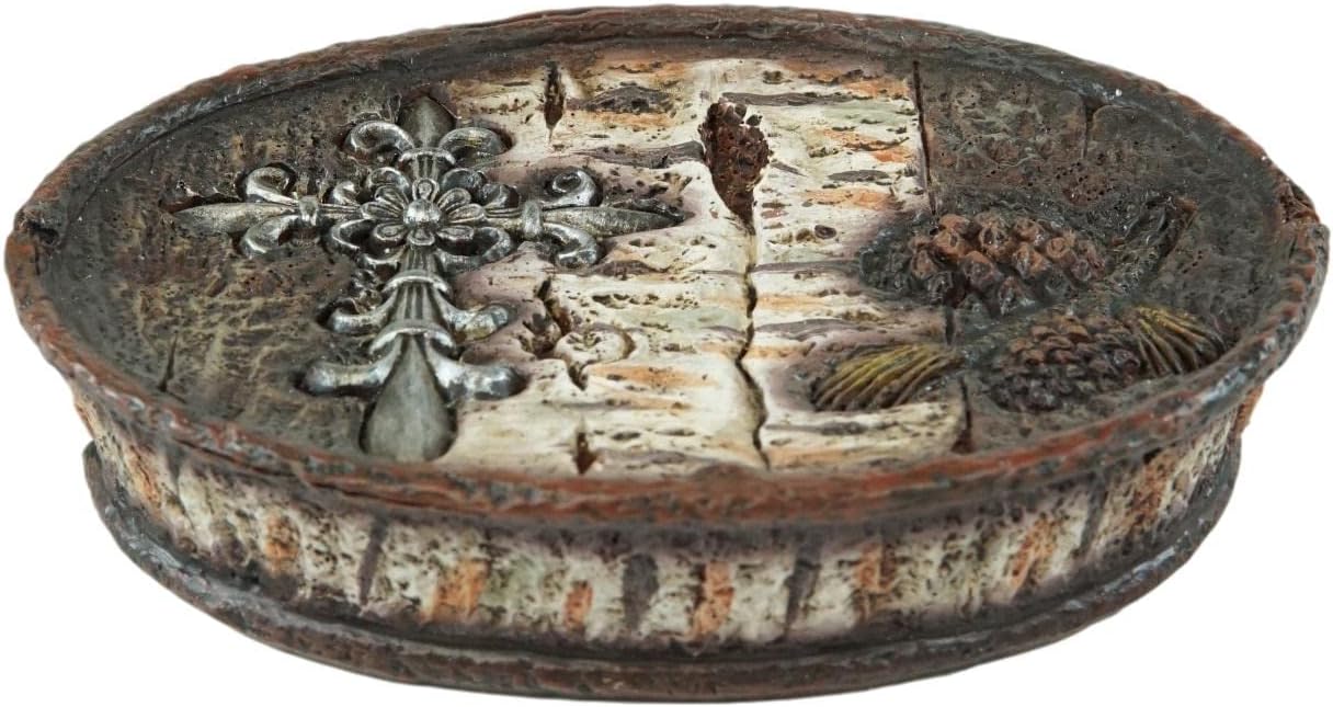Ebros Gift Rustic Southwestern Inspirational Le Fleur Cross with Birch and Pinecones Bathroom Accessory Resin Sculpture Fleur De Lis Accent (Tumbler Cup, Soap Dish and Toothbrush Holder Set of 3)