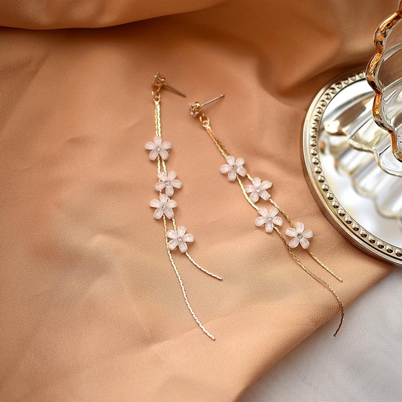 Unique Chic Long Tassel Chain Flower Drop Earrings 925 Silver Needle Post Back Linear Dangle Dainty Floral Long White Jewelry Gifts2