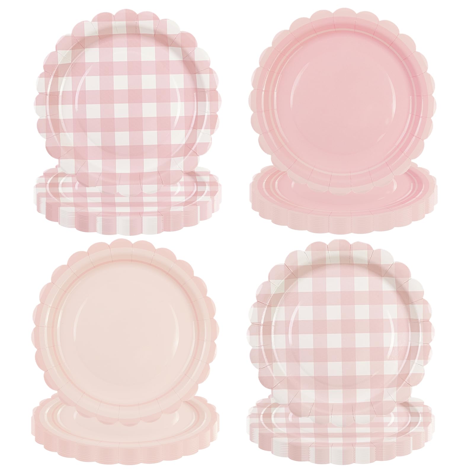 48PCS Light Pink Gingham Paper Dessert Plates - 7 Inch Disposable Scalloped Checkered Dinner Plates for Birthday Baby Shower Wedding Picnic Party Supplies, 4 Styles