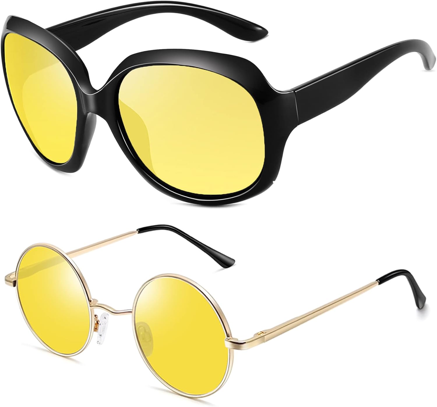 Joopin Small Metal Round & Jackie O Night Driving Glasses Bundle, Fashion Night Vision Glasses Trendy Anti Glare Yellow Sunglasses UV400 Protection Nighttime Shades Sunnies