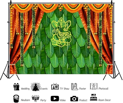 Miniatura 2 de Renaiss Cortina tradicional india Pooja de 6 x 4 pies, cortina india para matrimonio, hoja de plátano, caléndula Puja Ganpati, fondo de fotografía