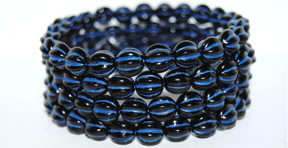 150 pcs Melon Round Pressed Glass Beads with Stripes, 48120 (48120), Glass, Czech Republic, Size 8 mm (0.31 in)